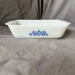 Vintage Anchor Hocking Fire-King Milk Glass Loaf Pan Blue Flower Pattern 9 x 5"